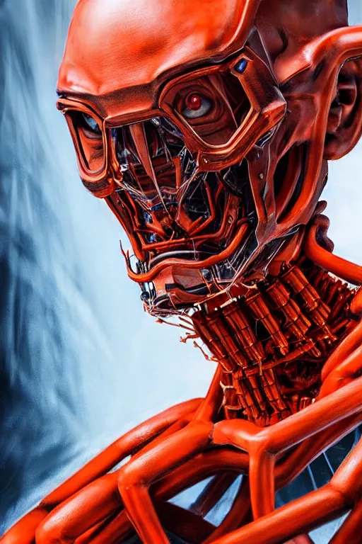 Prompt: hyperrealistic close-up graffiti! exoskeleton!! chinese man highly detailed concept art eric zener elson peter cinematic hard orange lighting high angle hd 8k sharp shallow depth of field