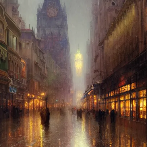 Image similar to a beautifull intricate city, wet sidewalk, peoples, reflexions, raindrops, high details by william turner art, greg rutkowski and alphonse mucha, trending on artstation, very very detailed, masterpiece,