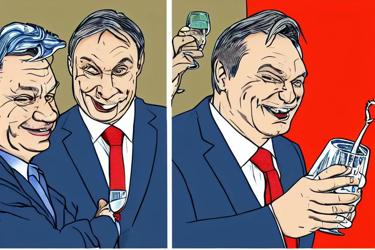 Image similar to viktor orban winking and drinking champagne with putin in front a burning city, line art