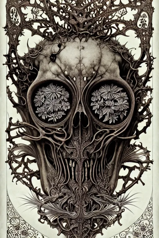 Image similar to art forms of nature by ernst haeckel, memento mori by arthur rackham, ornate antique porcelain beautiful skull mask, ultrasharp, photorealistic, hyperdetailed, octane render, polished, art nouveau, neo - gothic, gothic, intricate ornamental organic filigree, art nouveau botanicals, art forms of nature by ernst haeckel, horizontal symmetry, symbolist, visionary