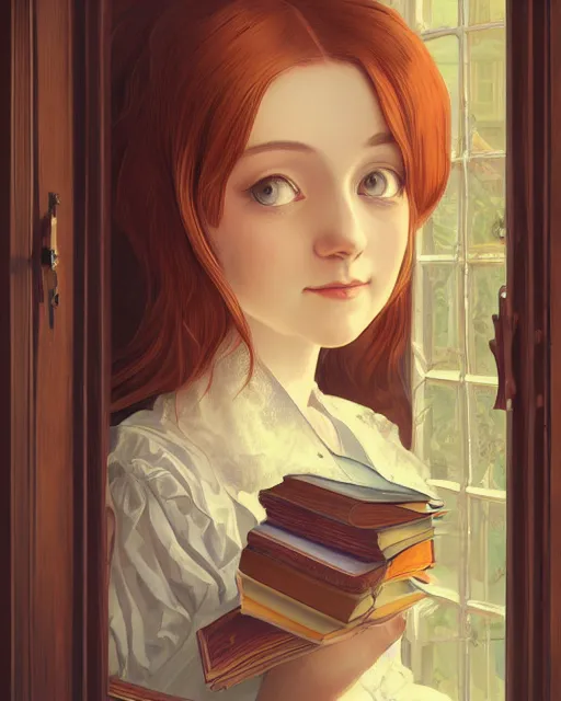 Image similar to a portrait of a victorian maid with long, flowing, auburn hair, detailed face, large eyes, happy, maid outfit, standing in a victorian reading room, window, short bookshelf, holding a stack of books, vivid colors, soft lighting, atmospheric, cinematic, moody, in the style of Ilya Kuvshinov and Range Murata, Krenz Cushart, oil on canvas, anime, 8K