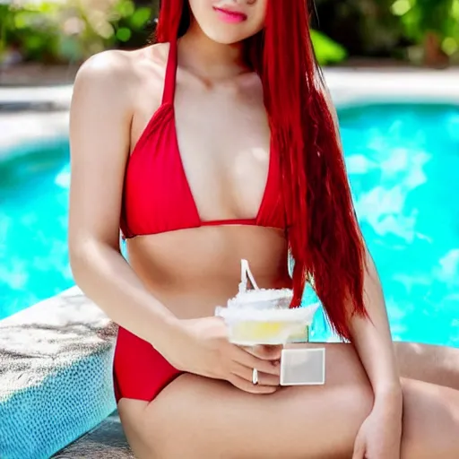 Image similar to 24 yo asian woman with red hair in a one piece swimsuit sitting by the pool drinking a frozen margarita