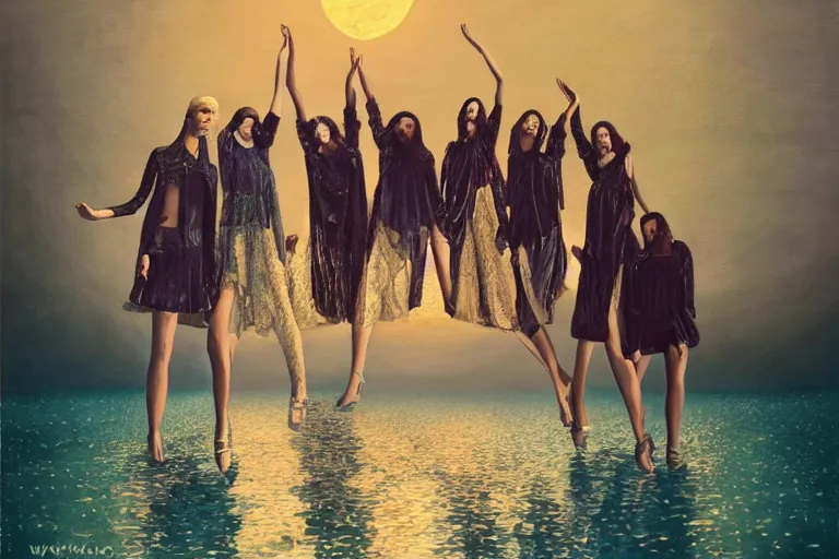 Image similar to 3 d, close - up, group of fashion models standing in a night lake with their hands raised to the bright moon, moon ryas, intricate oil painting, high detail, figurative art, multiple exposure, poster art, 3 d, by tooth wu and wlop and beeple