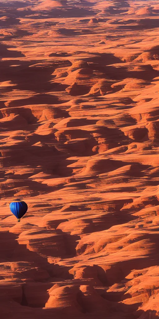 Prompt: elevated view of hot air balloon in flight, rule of thirds, Antelope canyon in distance, during an eclipse, interstellar hour, Photorealistic, establishing shot, cinematic lighting, , dramatic lighting, atmospheric, realistic, octane render, highly detailed, color graded, matte painting in the style of craig mullins