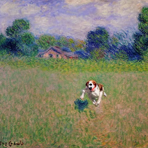 Image similar to impressionist art of a beagle dog running in the field in style of claude monet