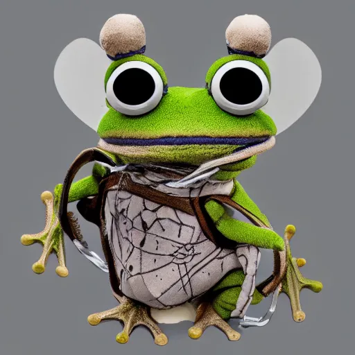 Image similar to photorealistic real life frog cleric as a transparent mesh chibi muppet plush wearing a wolf skull on its head and carrying a tiny sketch book and pencil, photography, national geographic, sesame street