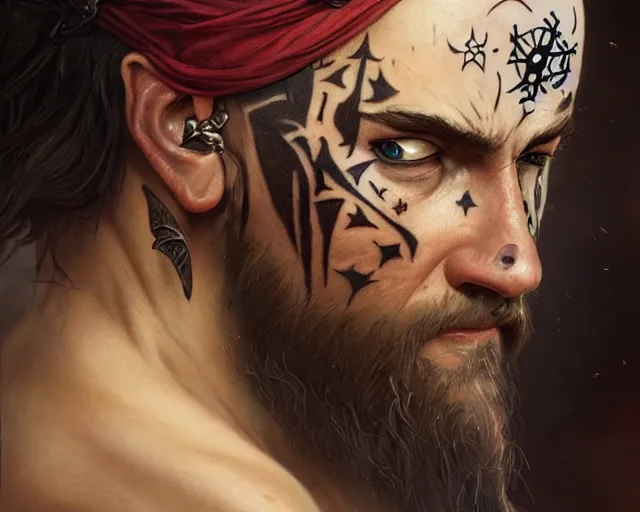 Image similar to close up of a pirate with scars and a face tattoo, deep focus, d & d, fantasy, intricate, elegant, highly detailed, digital painting, artstation, concept art, matte, sharp focus, illustration, hearthstone, art by artgerm and greg rutkowski and alphonse mucha