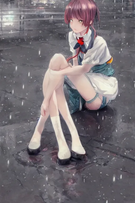 Prompt: A stern girl in Japanese maid's clothes and long stockings sits on the wet pavement in a parking lot in the rain at night. Dark 3d anime drawing art by Ruan Jia and Mandy Jurgens and Artgerm and William-Adolphe Bouguerea Sakimichan