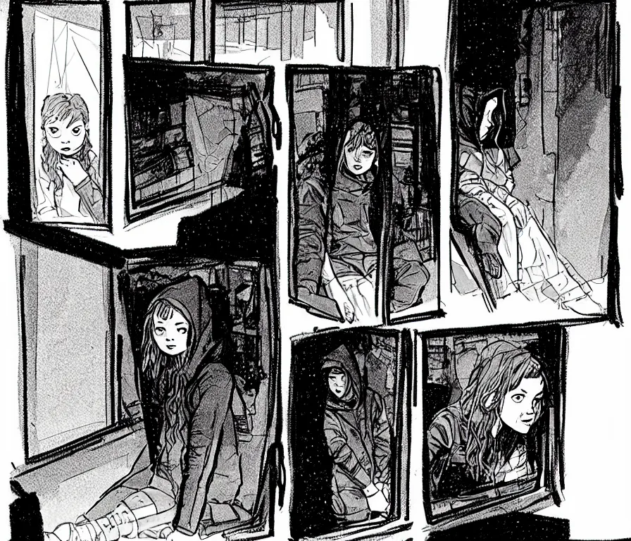 Image similar to outdoors : sadie sink in hoodie sits on windowsill, knees tucked in | rain falls at night : storyboard panel, scifi cyberpunk. by gabriel hardman, joe alves, chris bonura. cinematic atmosphere, detailed and intricate, perfect anatomy