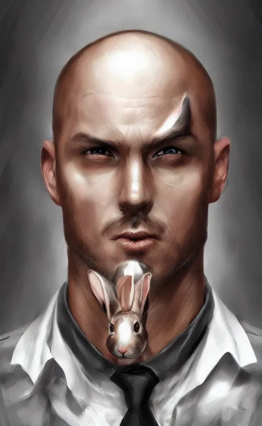 Image similar to dark fantasy photorealistic portrait concept art of a bunny hitman, trending on art station, stunning visuals, creative, cinematic, ultra detailed