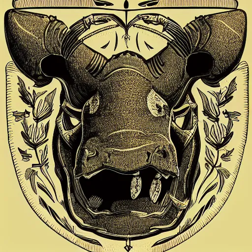 Image similar to triceratops fossil head surrounded by dogs, family crest, style of kilian eng, light, simple, illustration, tattoo,