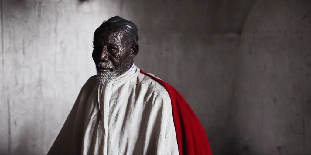 Prompt: a cinematic portrait of an old african man dressed in leather robes, in a small brilliant white prison cell, red color theme, dust storm, annie leibovitz and zack snyder, 8 k, hd, high resolution, 8 5 mm, f / 1. 8