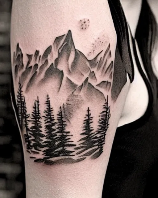 Image similar to creative double exposure effect tattoo design sketch of megan fox with beautiful mountains, realism tattoo, in the style of andrey lukovnikov, amazing detail, sharp