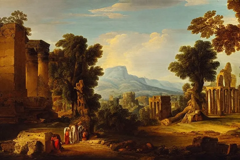 Image similar to beautiful arcadian landscape of a forested valley, ancient ruins in the distance by giovanni paolo pannini
