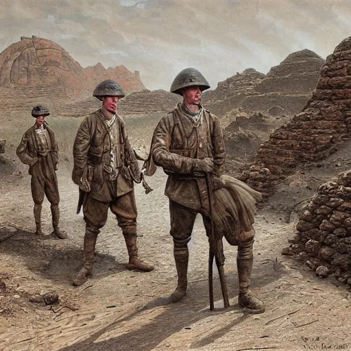 Image similar to ultra detailed photorealistic sepia - toned painting from 1 9 1 7, three british soldiers standing at an archaeological dig site in wadi rum, ultra realistic, painted, intricate details, lovecraft, atmospheric, dark, horror, brooding, highly detailed, by dave dorman