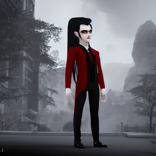 Image similar to a pale vampire, long black hair, clean shaven, dressed formally in red and black, highly detailed, concept art, smooth, sharp focus, unreal engine 5, 8 k.