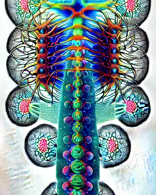 Image similar to stem cells, close up details, intrinsic, drawn by Ernst Haeckel, colorful, beeple rendering, written by HP Lovecraft