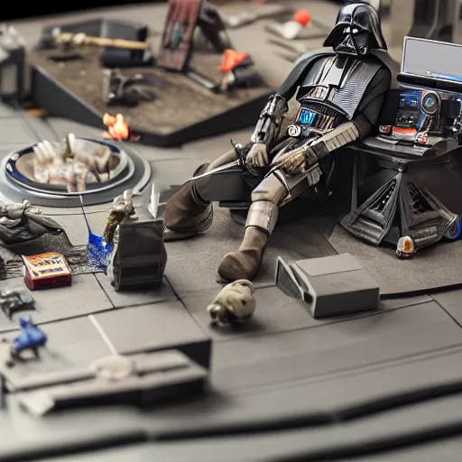 Image similar to a detailed photo of a epic diorama of star wars toys, macro photography, zoom, table, studio lighting