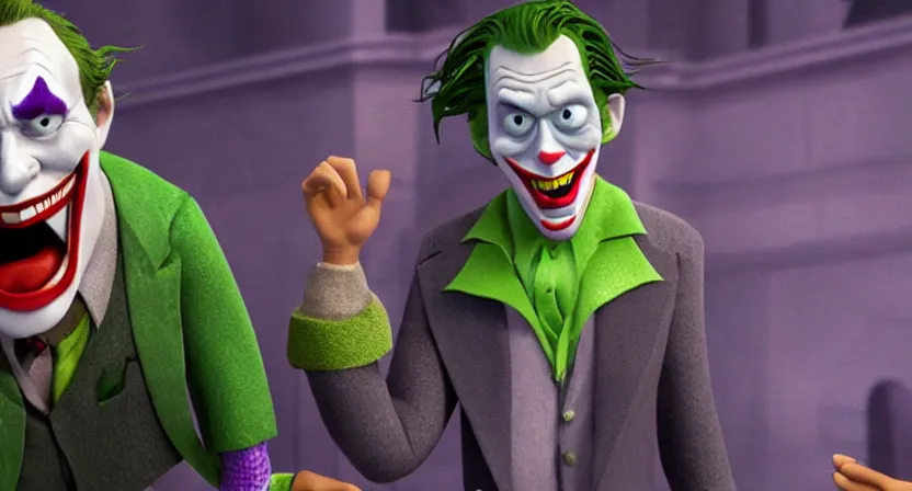 Image similar to pixar heath ledger joker villain 3 d movie screenshot