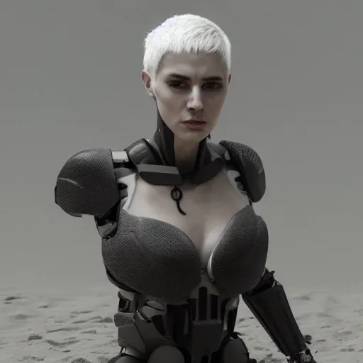 Image similar to beautiful tall female cyborg, brilliant short white hair, glowing white eyes, wearing brutalist industrial military body armor, kneeling over a human skull half buried in the sand,dynamic dramatic dark moody lighting,shadows,cinematic atmosphere,Artstation, hyperrealistic 3D digital art,Octane render,8K 4K UHD image