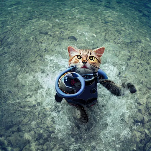 Image similar to cat wearing diving suit swimming in a river, 8k photograph, cat photography