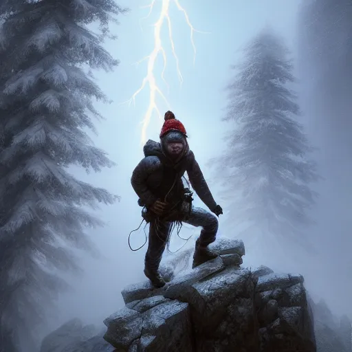 Image similar to climber, extreme cold, storm, octane rendering, volumetric lightning, hyperrealism, no blur, 4 k resolution, ultra detailed, style of ivan shishkin, tyler edlin, anato finnstark