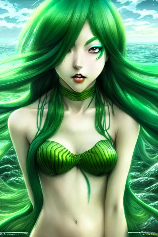 Prompt: beautiful green hair mermaid, anime style, scenery wallpaper aesthetic, vintage retro colors, cinematic, dramatic, super detailed and intricate, hyper realistic, 4 k render, by artgerm, by kyoung hwan kim, by ralph mcquarrie, by yoshiyuki tomino