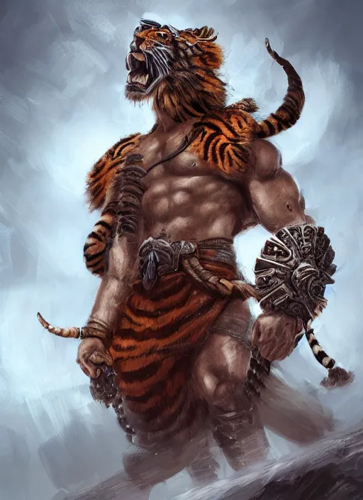 Prompt: a highly detailed illustration of a fierce tribal warrior wearing a tiger mane hat, heroically screaming into the sky pose, muscular, intricate, elegant, highly detailed, centered, digital painting, artstation, concept art, smooth, sharp focus, league of legends concept art, WLOP