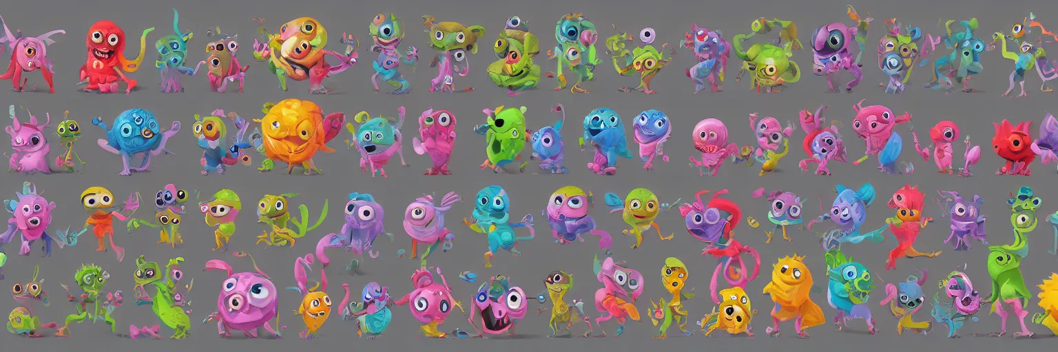 Prompt: hyperrealistic concept sheet of cute colorfull digital 3 d family monsters for kids assisting a concept machine, big eyes, simple smooth shapes and forms, reflective like candy, masterpiece, award - winning, intricate concept art, 8 k, artstation
