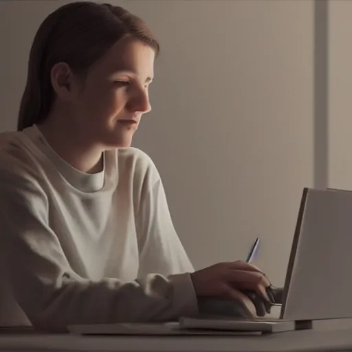 Prompt: beautiful cinematic hyperrealistic portrait with cinematic shadows and lights where a work appears sitting typing on a computer happy