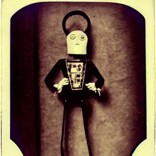 Image similar to creepy marionette puppet, clockwork horror, pediophobia, lost photograph, forgotten, final photo found before disaster, polaroid,