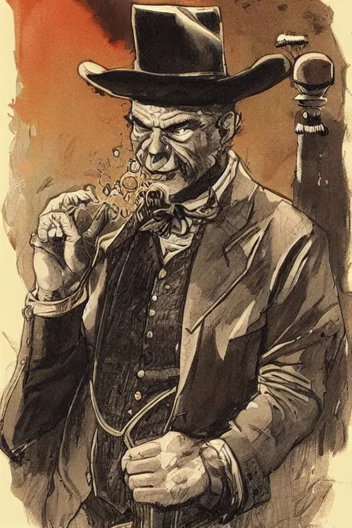 Image similar to vernon. Smug old west circus firebreather. concept art by James Gurney and Mœbius.