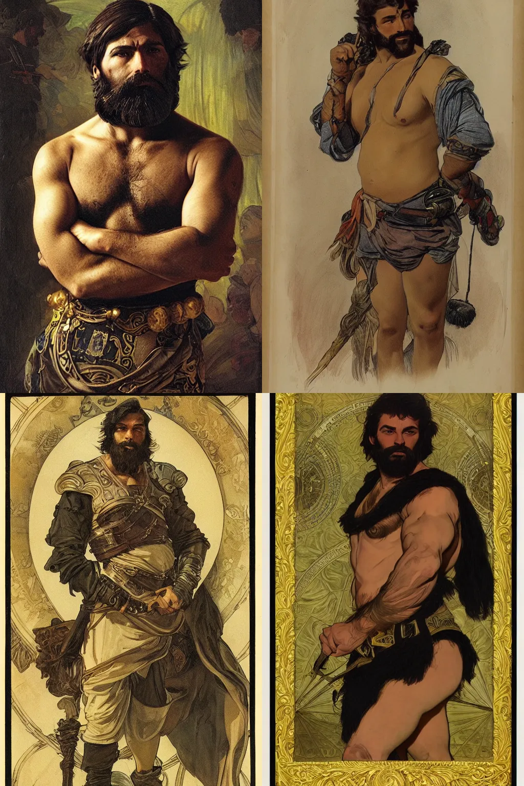 Prompt: portrait of a young rugged young man, thick black beard, huge muscles, expensive gold armour. cinematic lighting, highly detailed, full body shot. Many scars. In the style of Alphonso Mucha