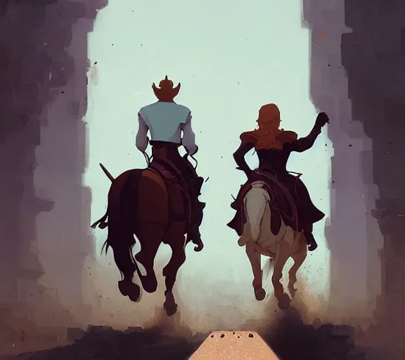 Image similar to a brunette man and a ginger woman riding on horseback on a track, medieval times by atey ghailan, by greg rutkowski, by greg tocchini, by james gilleard, by joe fenton, by kaethe butcher, dynamic lighting, gradient light blue, brown, blonde cream and white color scheme, grunge aesthetic