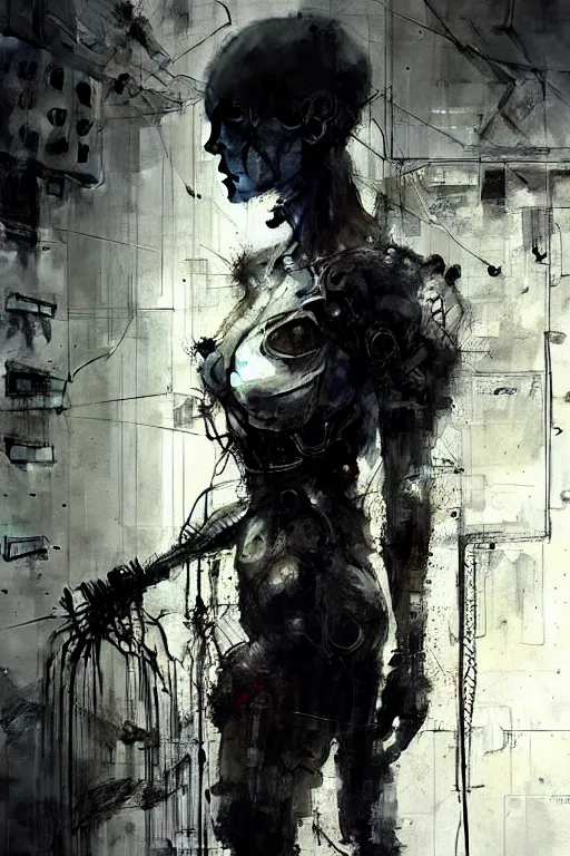 Prompt: female cyborg in the basement of an abandoned office block wires, skulls!! machines ( by emil melmoth zdzislaw belsinki craig mullins yoji shinkawa ) realistic render ominous detailed photo atmospheric by jeremy mann and agnes cecile black and white photography!!!!