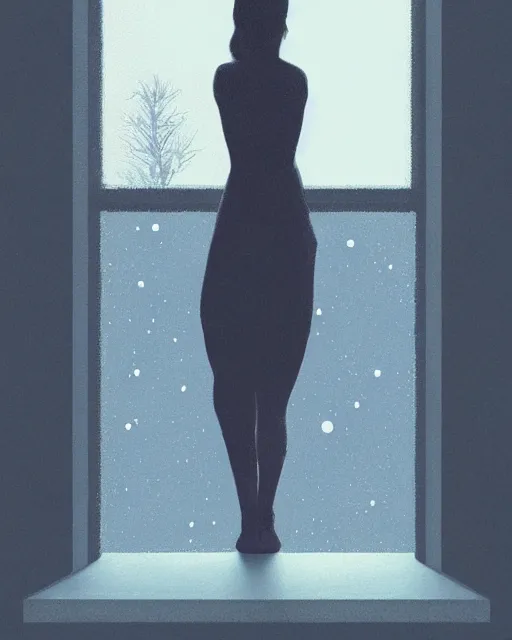 Image similar to beautiful painting of a a person standing on a wooden floor in front of a window, poster art by mor than, cgsociety, space art, sci - fi, cosmic horror, sense of awe, art by mike winkelmann, sky night, illustration, highly detailed, simple, smooth and clean vector curves, no jagged lines, vector art, smooth, artstation