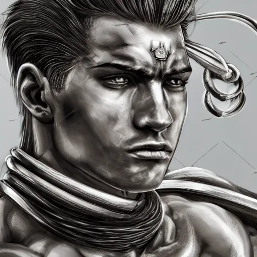 Image similar to handsome portrait of a spartan guy bodybuilder posing, intricate details, trending on artstation, sharp focus, caustics, radiant light, translucence, style of vento aureo cover art, style of stone ocean cover art, style of steel ball run cover art, ilya kuvishinov style, illustrated by hirohhiko araki