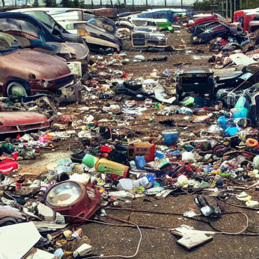 Prompt: view from ground level of a landscape full of junkyards, garbage heaps and recycled electronic gear all covered in a thin layer of transparent strawberry jelly