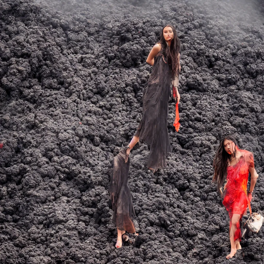 Image similar to fashion portrait in volcano lava eruption.