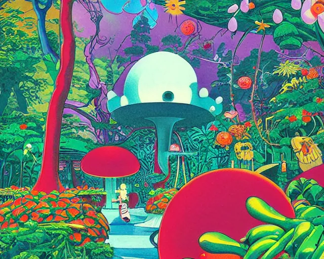 Prompt: pop surrealism alien pavilion garden, retro stylized illustration by leiji matsumoto