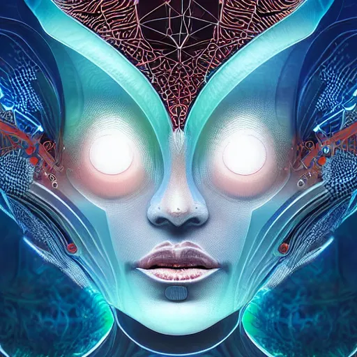 Prompt: Face of a Alien Deity, centered, corals, plume made of geometry, extremly detailed digital painting, sharp focus in the style of android jones, artwork of a futuristic artificial intelligence superstar with frames made of detailed circuits, mystical colors, rim light, beautiful lighting, 8k, stunning scene, raytracing, octane, under water visual distortion, dark tones colors, holographic feeling, trending on artstation