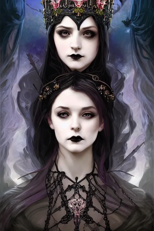 Image similar to beautiful gothic and victorian and luxury and evil young medieval dark crown princess portrait like +smoky eyes+front face with light flowing hair, ultradetail face, art and illustration by tian zi and craig mullins and miqi and alphonse mucha, fantasy, intricate complexity, human structure, human anatomy, fantasy character concept, dynamic lighting, neon light, ssci-fi, watermark, blurry, hyperrealism 8k