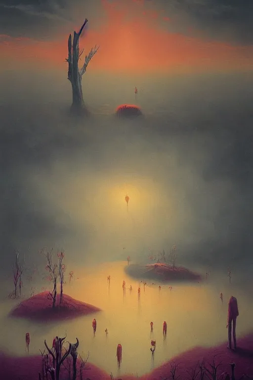 Prompt: a painting of a summer, a surrealist painting by zdzisław beksinski and by alena aenami, deviantart, dystopian art, apocalypse landscape, surrealist