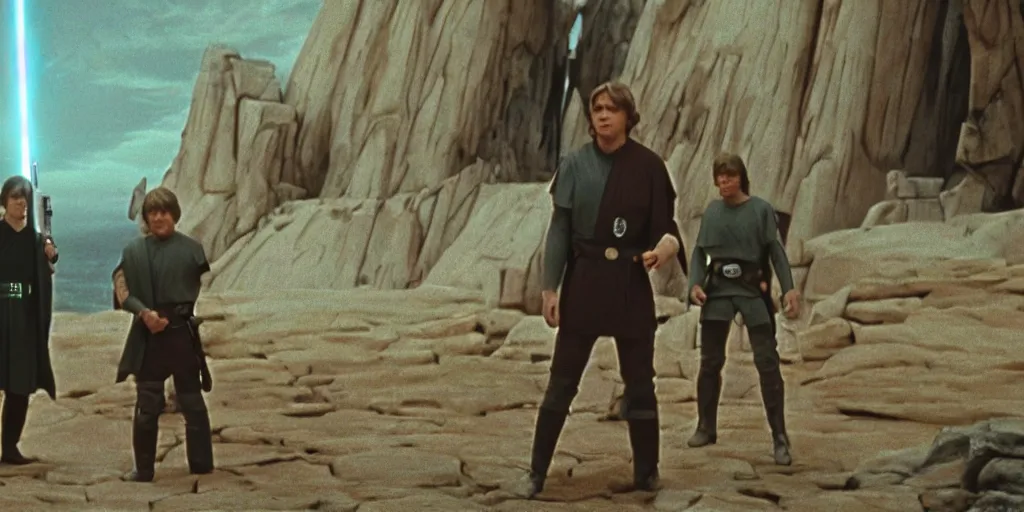 Prompt: screenshot of Luke Skywalker discovers a lost jedi Temple, 1970s sci fi film by Stanely Kubrick film, color kodak, Ektachrome, anamorphic lenses, detailed faces, hyper-realistic, photoreal, detailed portrait, moody cinematography, strange lighting