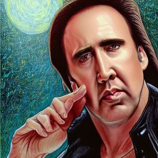 Prompt: Nicolas Cage pondering his orb by Todd Lockwood