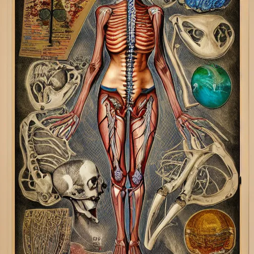 Image similar to cosplay girl, highly detailed labeled medical anatomy poster, anatomical drawing on poster paper with notes, extra beautiful colorful full page antique lithograph of artnouveau borders and designs, muted colors, parchment paper, art print, well - lit, ray tracing, horror, eldritch abomination, hyper realistic, 8 k post - processing