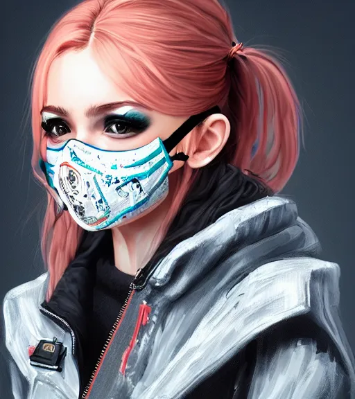 Image similar to a girl wearing a jacket, mask, punk outfit, highly detailed, digital painting, artstation, concept art, smooth, sharp focus, illustration