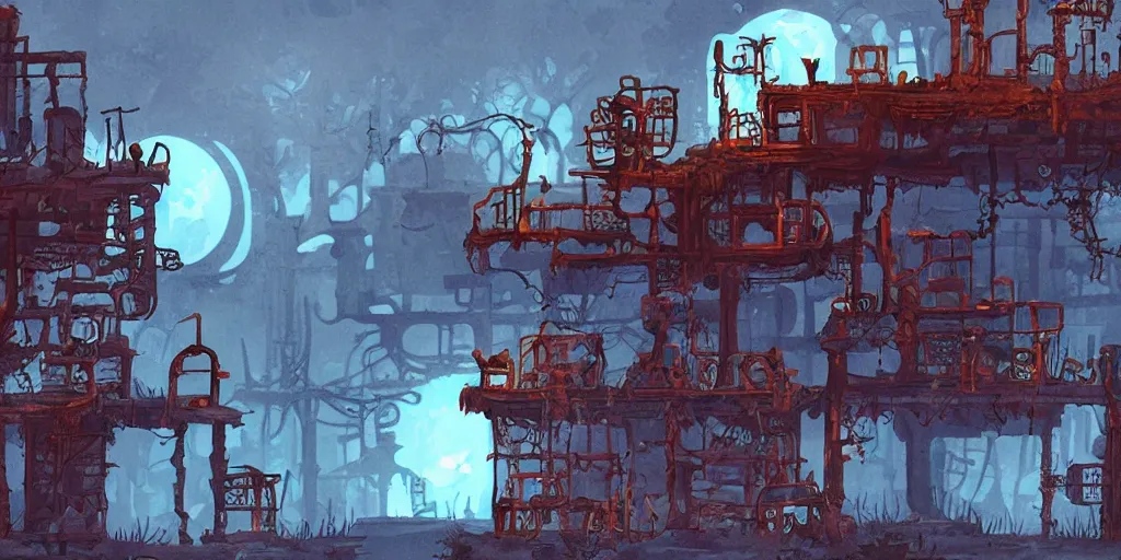 Prompt: rusty abandoned factory in the style of ori and the blind forest