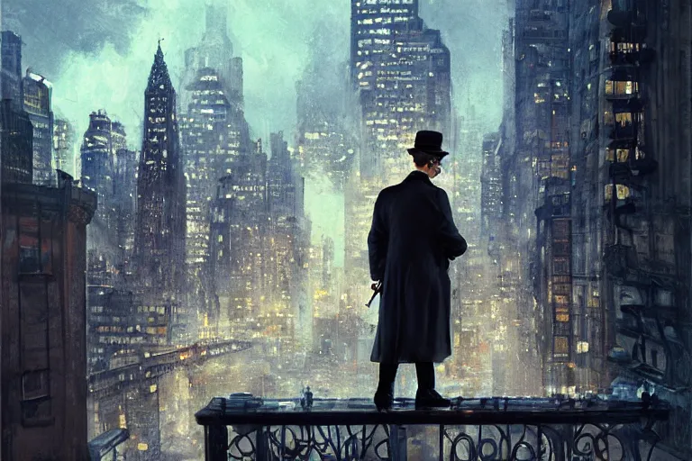 Image similar to portrait detective wearing a trench coat in profile smoking a sherlock holmes pipe on a perch facing the city at night, smooth, focus, highly detailed, hyper realistic, dramatic lighting, intricate, concept art, new york skyline, looking down, art by wlop, greg rutowski, artstation