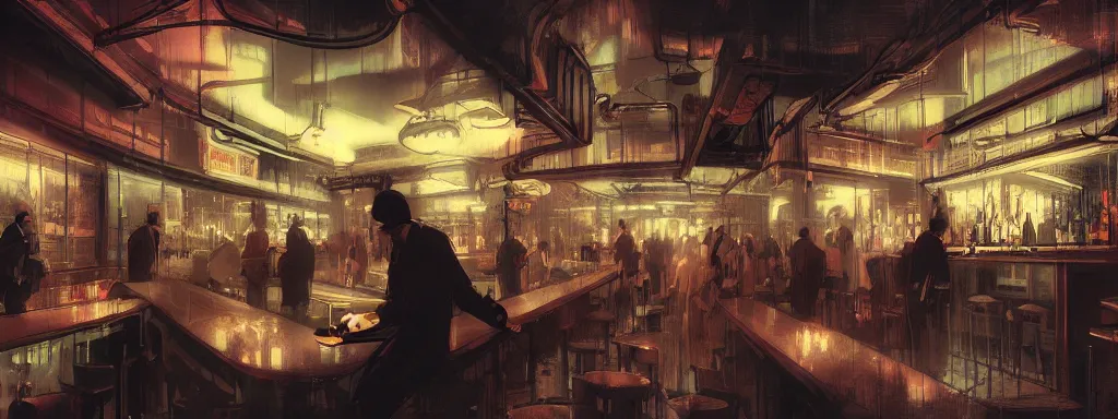 Image similar to concept art, crowded retro - futurist speakeasy, reflections, dark moody lighting, bladerunner, james jean, syd mead, akihiko yoshida, cinematic